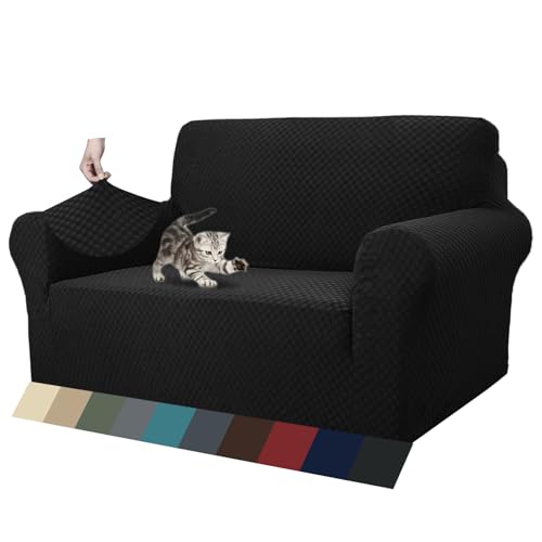 1 Piece Jacquard Couch Covers for 2 Cushion Couch High Stretch Loveseat Slipcover for Pets Dogs Anti Slip Love Seat Sofa Slipcover Furniture Protector (Medium (55"-69") / Black)