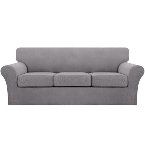 4 Piece Sofa Covers for 3 Cushion Couch Sofa Slipcover Soft Couch Cover for Dogs Washable Furniture Cover with 3 Individual Large Cushion Covers Feature Fabric (L Sofa (3 Cushion) / Dove)