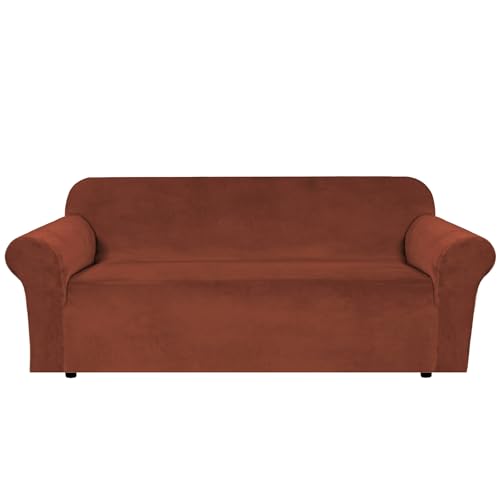 Stretch Velvet Sofa Covers Large Couch Covers Sofa Slipcovers Furniture Protector Soft with Non Slip Elastic Bottom (Rust / XL Sofa)