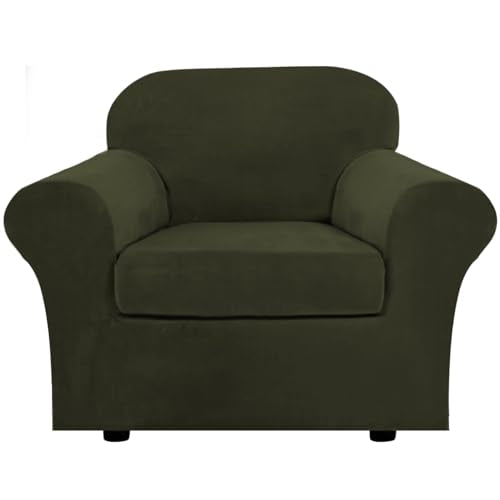 Rich Velvet Stretch 2 Piece Cover Chair Slipcover Sofa Cover Furniture Protector Couch Soft with Elastic Bottom Chair Couch Cover Width Up to 49 Inch (1 Cushion Chair / Olive)