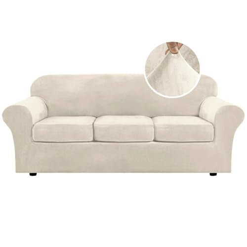 Modern Velvet Plush 4 Piece High Stretch Sofa Slipcover Furniture Protector Form Fit Luxury Thick Sofa Cover for 3 Cushion Couch (3 Cushion Sofa / Ivory)