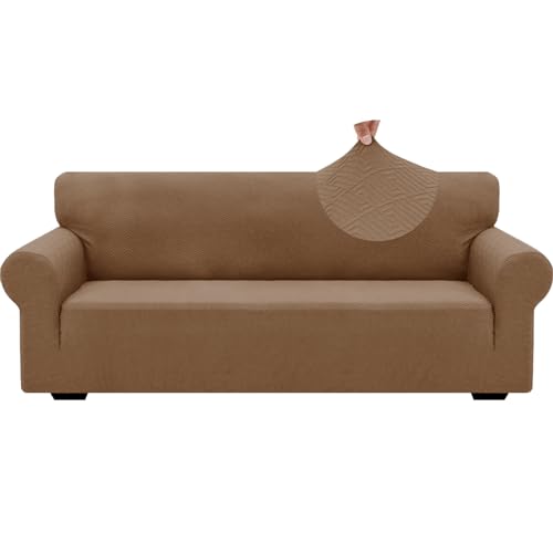 1 Piece Jacquard Couch Covers for 3 Cushion Couch Living Room High Stretch Sofa Cover Pets Dogs Friendly Anti Slip Thickened Slipcovers Furniture Protector (Large (71"-90") / New Pattern Light Coffee)