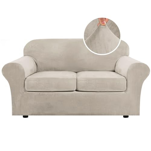 Real Velvet Plush 3 Piece Stretch Sofa Covers Couch Covers for 2 Cushion Couch Loveseat Covers Width Up to 72 Inch Feature Thick Soft Stay in Place (2 Cushion Loveseat / French Oak)
