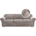 High Stretch Sofa Slipcover 4 Piece Cover Velvet Furniture Protector Form Fit Thick Velvet Extra Large Sofa Cover for 3 Cushion Couch Width Up to 97 Inch (3 Cushion Large Sofa / Taupe)