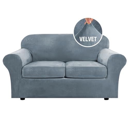 Real Velvet Plush 3 Piece Stretch Sofa Covers Couch Covers for 2 Cushion Couch Loveseat Covers Width Up to 72 Inch Feature Thick Soft Stay in Place (2 Cushion Loveseat / Stone Blue)