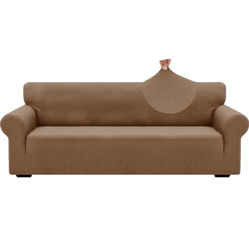 1 Piece Jacquard Couch Covers for 3 Cushion Couch High Stretch Sofa Cover for Pets Dogs Anti Slip Extra Large Sofa Slipcovers Furniture Protector (X-Large (91"-112") / New Pattern Light Coffee)