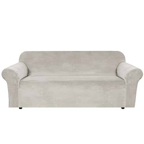 1 Peice Stretch Velvet Sofa Covers for 3 Cushion Couch Covers Sofa Slipcovers Furniture Protector Soft (Oatmeal / Sofa)