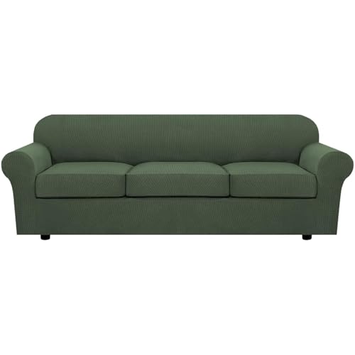 4 Piece Stretch Sofa Covers for 3 Cushion Couch Covers for Living Room Furniture Slipcovers (Large Plus / Bronze Green)