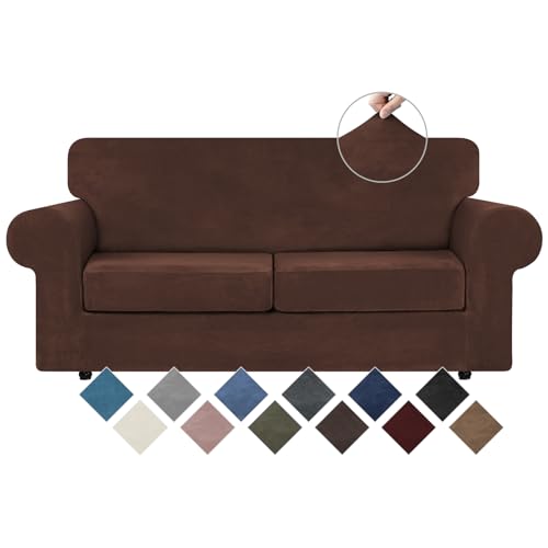 Velvet Stretch 3 Pieces Couch Cover for Sofa Washable (Medium / Chocolate)
