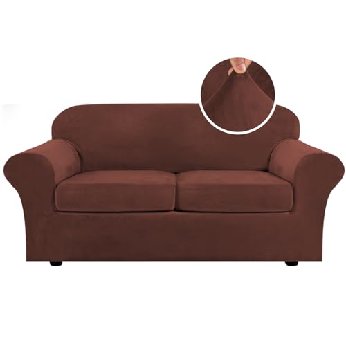 Real Velvet Plush 3 Piece Stretch Sofa Covers Couch Covers for 2 Cushion Couch Sofa Slipcovers Width Up to 90 Inch Feature Thick Soft Stay in Place (2 Cushion Sofa / Burnt Brick)