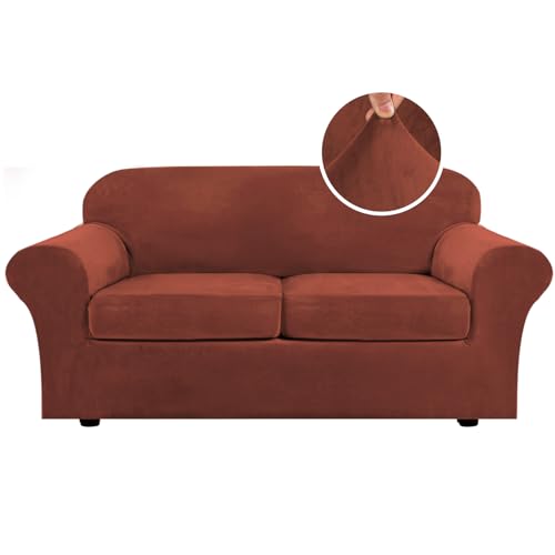 Real Velvet Plush 3 Piece Stretch Sofa Covers Couch Covers for 2 Cushion Couch Sofa Slipcovers (2 Cushion Sofa / Rust)