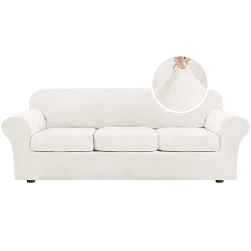 High Stretch Sofa Slipcover 4 Piece Cover Velvet Furniture Protector Form Fit Thick Velvet Extra Large Sofa Cover for 3 Cushion Couch Width Up to 97 Inch (3 Cushion Large Sofa / Porcelain White)