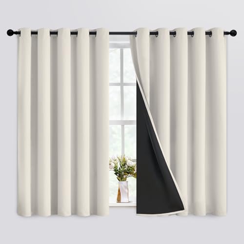 Cream 100% Blackout Curtains Room Darkening Living Room 63 Inch (Cream / 62"W x 63"L (Pack of 2))