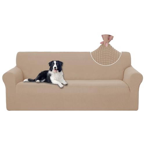 Stretch Couch Cover Sofa Covers for 3 Cushion Couch Slipcover with Elastic Bottom Furniture Protector for Dogs (Camel / Sofa)