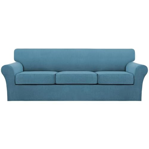 4 Piece Sofa Covers for 3 Cushion Couch Sofa Slipcover Soft Couch Cover for Dogs Washable Furniture Cover with 3 Individual Large Cushion Covers Feature Fabric (L Sofa (3 Cushion) / Storm Blue)