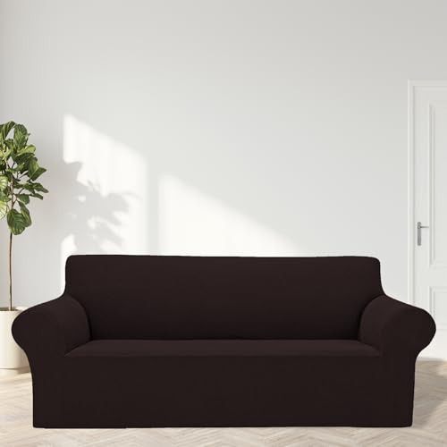 2026 New Stretch Sofa Slipcovers Couch Cover for 3 Cushion Furniture Protector Sofa Covers with Elastic Bottom Jacquard Fabric Small Checks for Pets (Chocolate / Sofa)