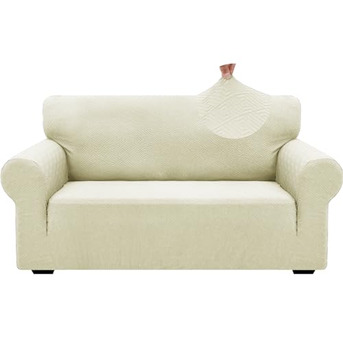 1 Piece Jacquard Couch Covers for 2 Cushion Couch High Stretch Loveseat Slipcover for Pets Dogs Anti Slip Love Seat Sofa Slipcover Furniture Protector (Medium (55"-69") / New Pattern Light Beige)
