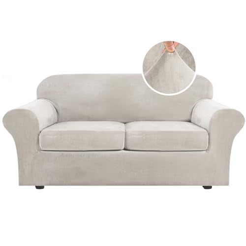 Real Velvet Plush 3 Piece Stretch Sofa Covers Couch Covers for 2 Cushion Couch Sofa Slipcovers Width Up to 90 Inch Thick Soft Stay in Place (2 Cushion Sofa / Oatmeal)