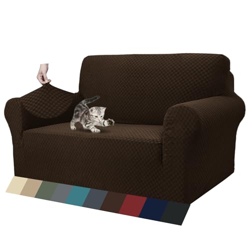 1 Piece Jacquard Couch Covers for 2 Cushion Couch High Stretch Loveseat Slipcover for Pets Dogs Anti Slip Love Seat Sofa Slipcover Furniture Protector (Medium (55"-69") / Dark Coffee)