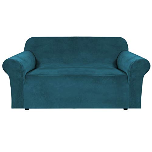 Stretch Velvet Loveseat Covers for 2 Cushion Couch Covers for Living Room Sofa Covers Slipcovers with Non Slip Straps Bottom (Deep Teal / Loveseat)