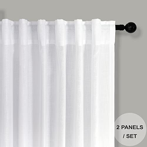 White Linen Sheer Drape 104 Inch Curtains for Living Room Custom Curtains 2 Panels Set Back Tab Pleated Modern Farmhouse Light Filtering Ceiling to Floor for Large Window 52 x 104 Long Curtain (52"W x 104"L (Pack of 2) / Pure White)