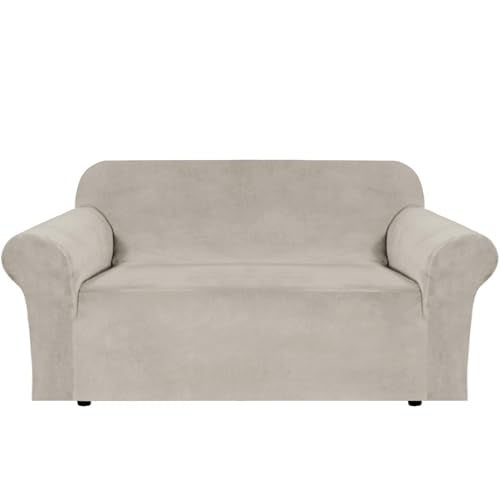 Stretch Velvet Loveseat Covers for 2 Cushion Couch Covers for Living Room Sofa Covers Slipcovers with Non Slip Straps Bottom (French Oak / Loveseat)