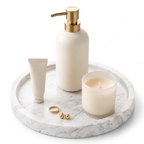 Natural Marble Decorative Tray for Bathroom Bedroom Kitchen Dresser (Natural White / 9.4")