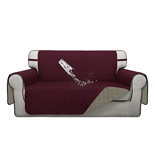 Double Protection 100% Waterproof Loveseat Sofa Covers for Living Room (Wine/Beige / Loveseat Medium)