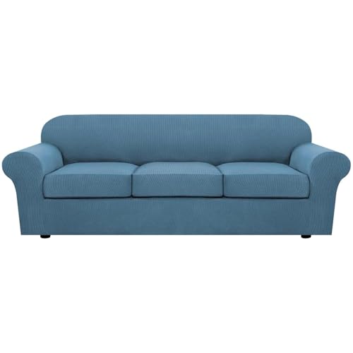4 Piece Stretch Sofa Covers for 3 Cushion Couch Covers for Living Room Furniture Slipcovers (Large Plus / Dusty Blue)