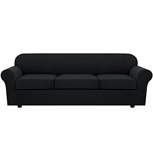 4 Piece Stretch Sofa Covers for 3 Cushion Couch Covers for Living Room Furniture Slipcovers (X-Large / Black)