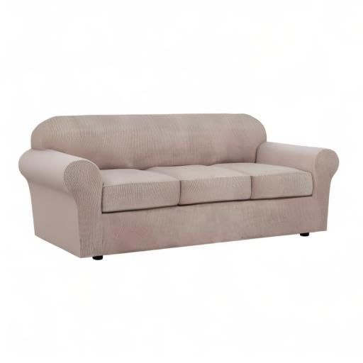 4 Piece Stretch Sofa Covers for 3 Cushion Couch Covers for Living Room Slipcovers (Large / Sand)