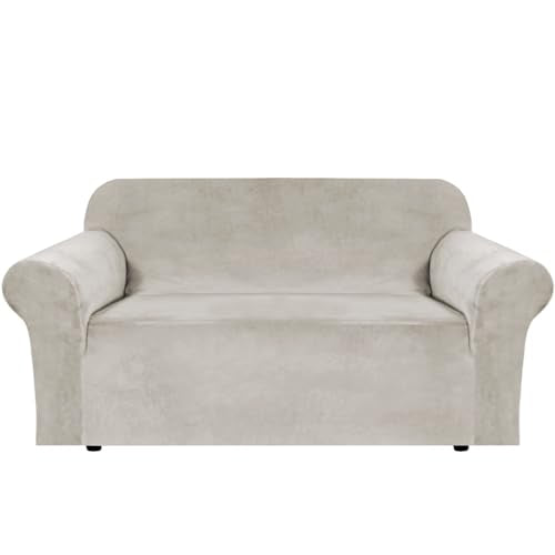 Stretch Velvet Loveseat Covers for 2 Cushion Couch Covers for Living Room Sofa Covers Slipcovers with Non Slip Straps Bottom (Oatmeal / Loveseat)