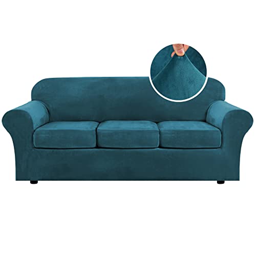 Modern Velvet Plush 4 Piece High Stretch Sofa Slipcover Sofa Cover Furniture Protector Form Fit Luxury Thick Velvet Sofa Cover for 3 Cushion Couch Width Up to 90 Inch (3 Cushion Sofa / Deep Teal)