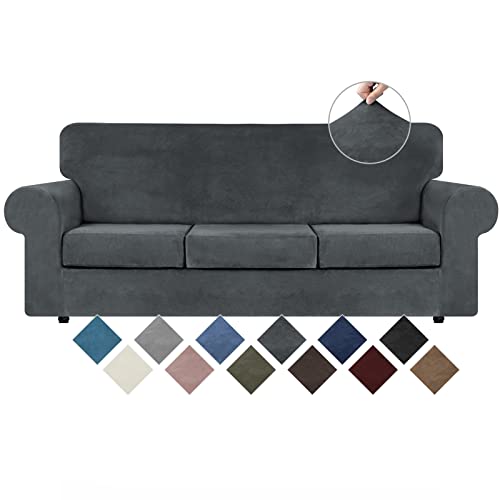 4 Pieces Couch Cover for Sofa Velvet Sofa Covers Washable (Large / Dark Grey)