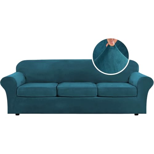 High Stretch Sofa Slipcover 4 Piece Cover Velvet Furniture Protector Form Fit Thick Velvet Extra Large Sofa Cover for 3 Cushion Couch Width Up to 97 Inch (3 Cushion Large Sofa / Deep Teal)