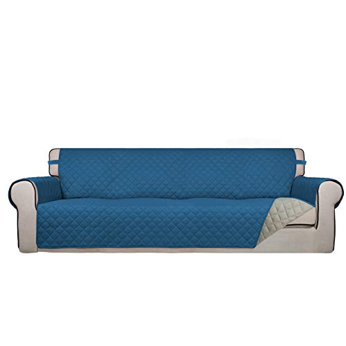 Reversible Quilted Couch Covers for Dogs Sofa Cover 4 Seater 88" (XX-Large / Peacock Blue/Beige)