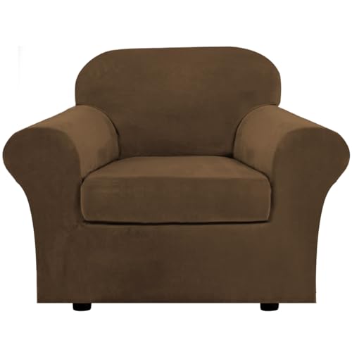 Rich Velvet Stretch 2 Piece Cover Chair Slipcover Sofa Cover Furniture Protector Couch Soft with Elastic Bottom Chair Couch Cover Width Up to 49 Inch (1 Cushion Chair / Bronze Brown)