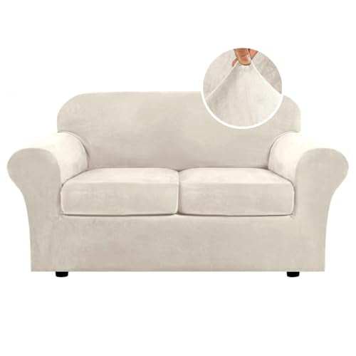 Real Velvet Plush 3 Piece Stretch Sofa Covers Couch Covers for 2 Cushion Couch Loveseat Covers Width Up to 72 Inch Feature Thick Soft Stay in Place (2 Cushion Loveseat / Ivory)
