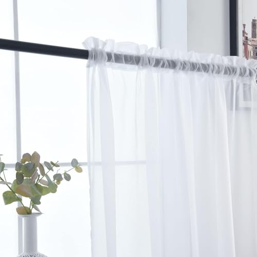 Sheer White Curtains 4 Panels Rod Pocket Semi (White / 52"W x 96"L (Pack of 4))