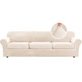 Modern Velvet Plush 4 Piece High Stretch Sofa Slipcover Furniture Protector Form Fit Velvet Extra Large Sofa Cover for 3 Cushion Couch Width Up to 105 Inch (3 Cushion XL Sofa / Cream)