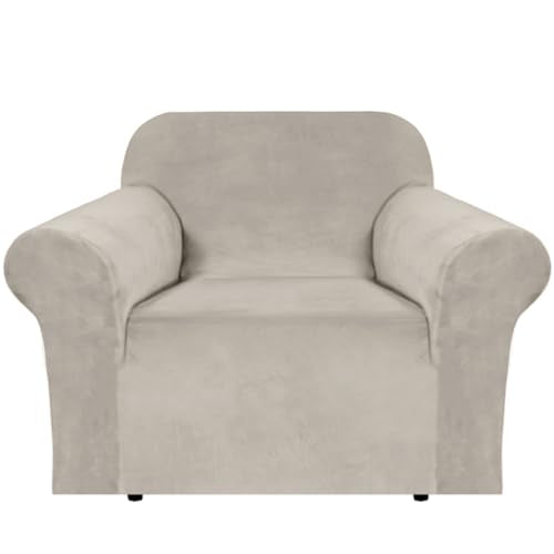Stretch Velvet Armchair Cover Couch Covers 1 Cushion Chair Slipcover for Living Room Furniture Cover Crafted from Thick Comfy Rich Velour (French Oak / Armchair)
