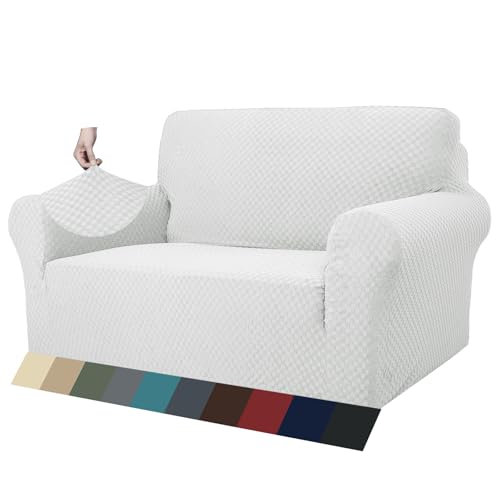 1 Piece Jacquard Couch Covers for 2 Cushion Couch High Stretch Loveseat Slipcover for Pets Dogs Anti Slip Love Seat Sofa Slipcover Furniture Protector (Medium (55"-69") / White)