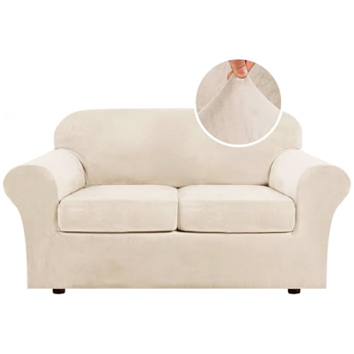 3 Piece Stretch Sofa Covers Couch Covers for 2 Cushion Couch Loveseat Covers Width Up to 72 Inch Feature Thick Soft Stay in Place (2 Cushion Loveseat / Cream)