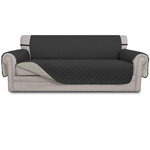 4 Seater Sofa Slipcover Reversible Sofa Cover Water Resistant Couch Cover with Foam Sticks Elastic Straps Furniture Protector for Pets Children Dog Cat (Darkgray/Beige / XX-Large Sofa)