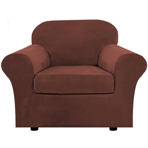 Rich Velvet Stretch 2 Piece Cover Chair Slipcover Sofa Cover Furniture Protector Couch Soft with Elastic Bottom Chair Couch Cover Width Up to 49 Inch (1 Cushion Chair / Burnt Brick)