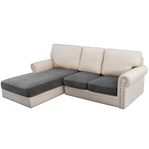 Velvet Stretch Sectional Couch Covers (Striped Grey / 2 Seater + Chaise)