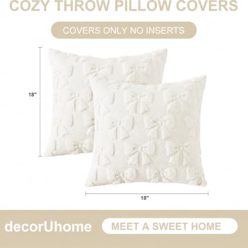 Cream White Bow Faux Fur Throw Pillow Covers 18x18 Set of 2 (Cream White Bow / 18" x 18" (Pack of 2))