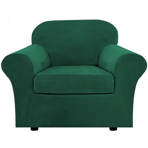Rich Velvet Stretch 2 Piece Cover Chair Slipcover Sofa Cover Furniture Protector Couch Soft with Elastic Bottom Chair Couch Cover Width Up to 49 Inch (1 Cushion Chair / Green)