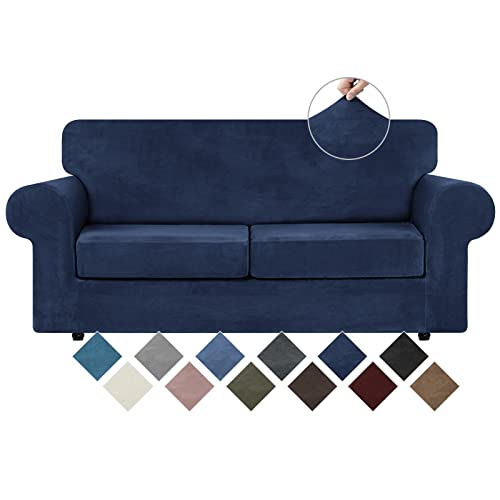 Velvet Stretch 3 Pieces Couch Cover for Sofa Washable (Medium / Navy Blue)