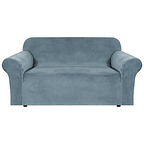Stretch Velvet Loveseat Covers for 2 Cushion Couch Covers for Living Room Sofa Covers Slipcovers with Non Slip Straps Bottom (Stone Blue / Loveseat)